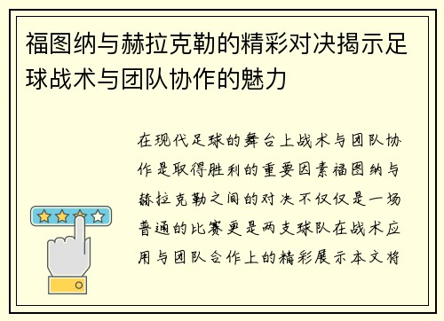 福图纳与赫拉克勒的精彩对决揭示足球战术与团队协作的魅力